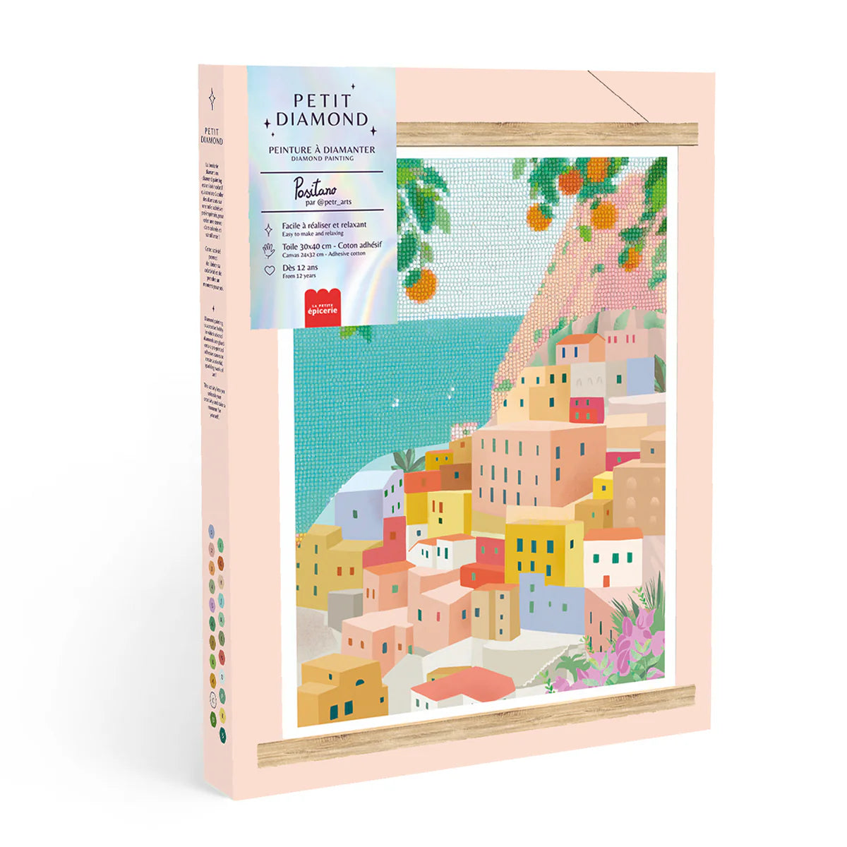 Coffret « Petit Diamond – Diamond Painting Positano » avec packaging complet, kit DIY prêt à l’emploi.