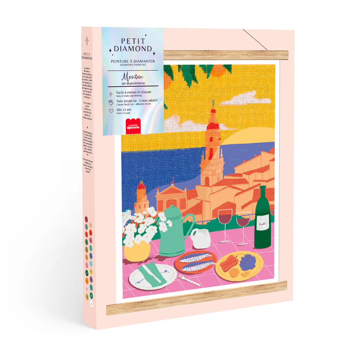 Coffret « Petit Diamond – Diamond Painting Menton » avec packaging complet, kit DIY prêt à l’emploi pour loisirs créatifs.