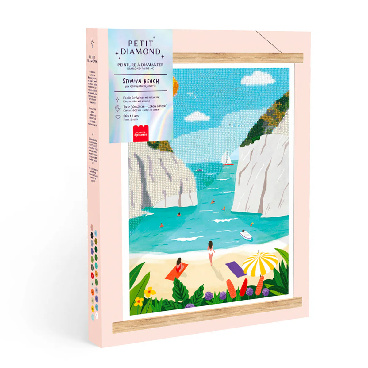Coffret « Petit Diamond – Kit Diamond Painting Stiniva Beach » avec packaging complet, prêt à l’emploi pour activité DIY.