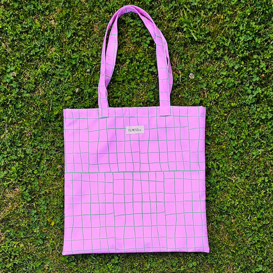 Sac à carreaux Tote Bag "RACHEL" Quadrillé Rose Bonbon lignes Vertes