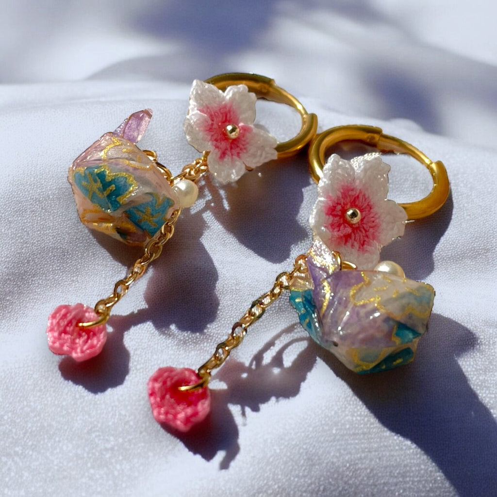 Boucles d’oreilles Lapin Origami & Sakura Micro Crochet