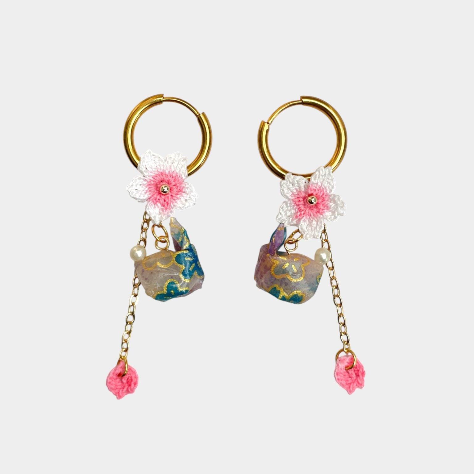 Boucles d’oreilles Lapin Origami & Sakura Micro Crochet